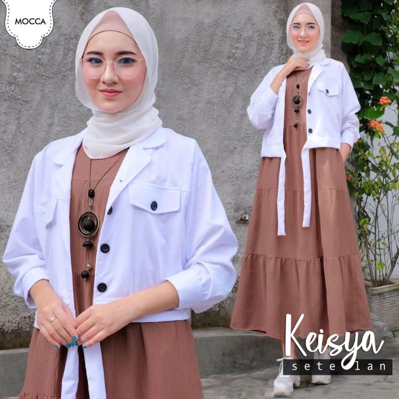 Baju Gamis Set Remaja Simple Cardigan Terbaru One Set 2in1 Keisya Ootd Jalan Santai Model Trend 2022
