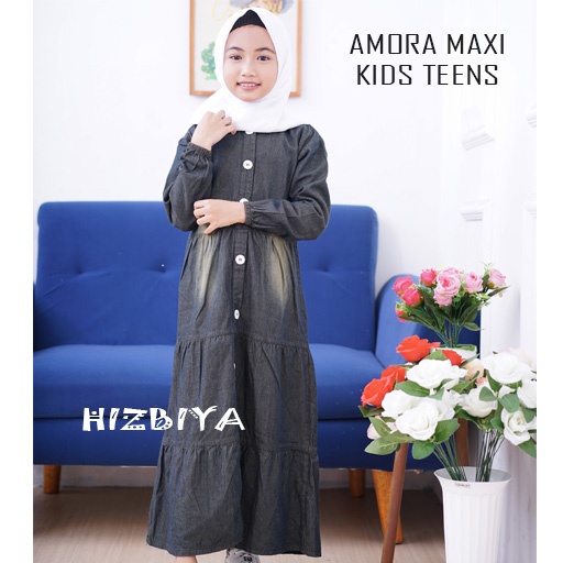 Dress / Gaun Panjang Gamis AMORA Maxi Jeans/gamis Anak Perempuan untuk umur 9thn - 13 thn original by HIZBIYA