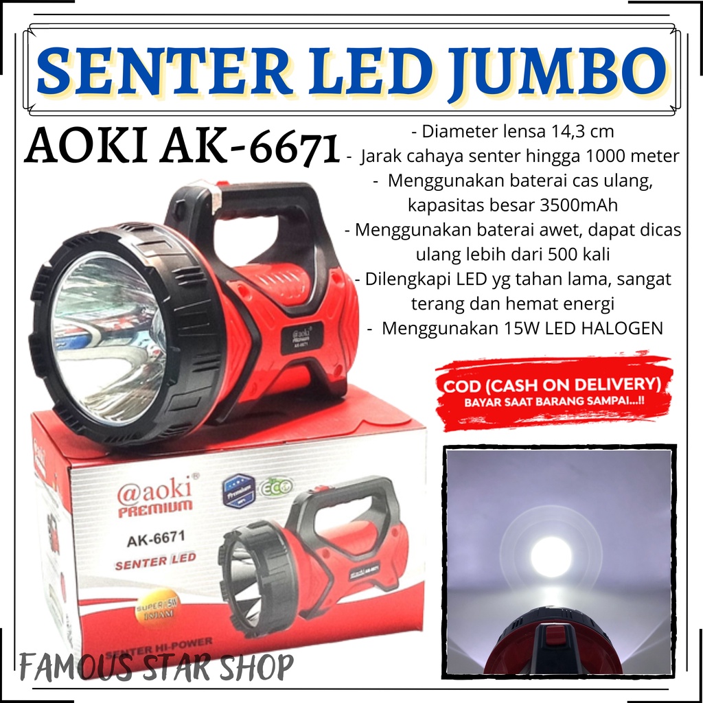 Aoki Premium AK-6671 Senter LED Jumbo 15 Watt Super Terang | FMS