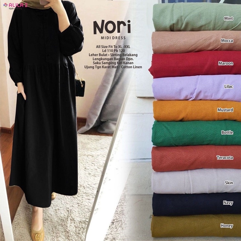 Nori midi dress katun linen import polos ori alila hijab solo murah