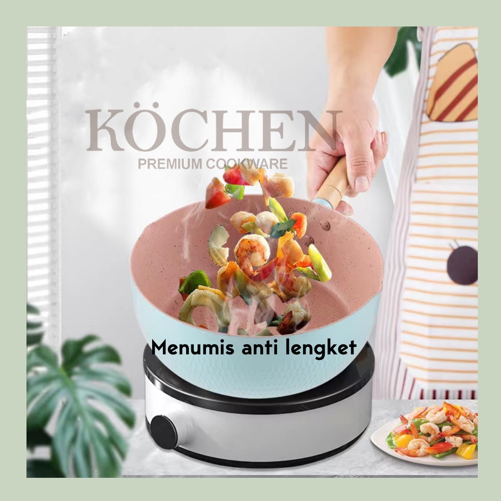 Panci Saucepan Anti Lengket Warna Pastel Japanese Gagang Kayu Wooden Handle Nordic Style 18cm Milk Color Series Tebal Anti Lengket Non Sticky Free Lid