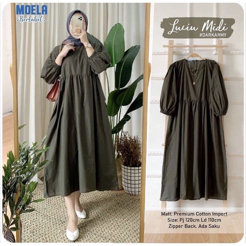 Luciu Midi Dress Mola Katun Rayon Premium Tangan Balon Jumbo LD 110 [COD]