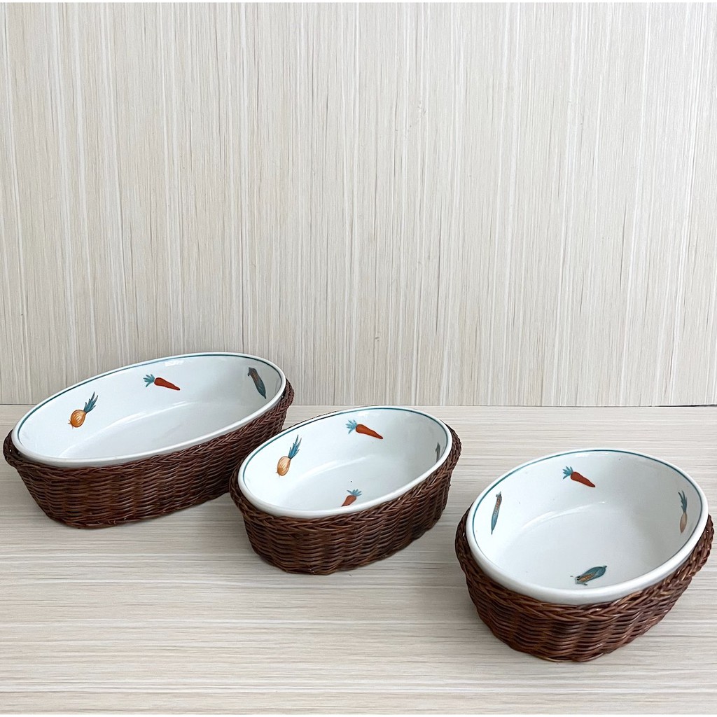 [SALE] Piring Saji Keramik Rotan Oval set isi 3 pcs Tiny Vegetables - OVEN / MICROWAVE SAFE