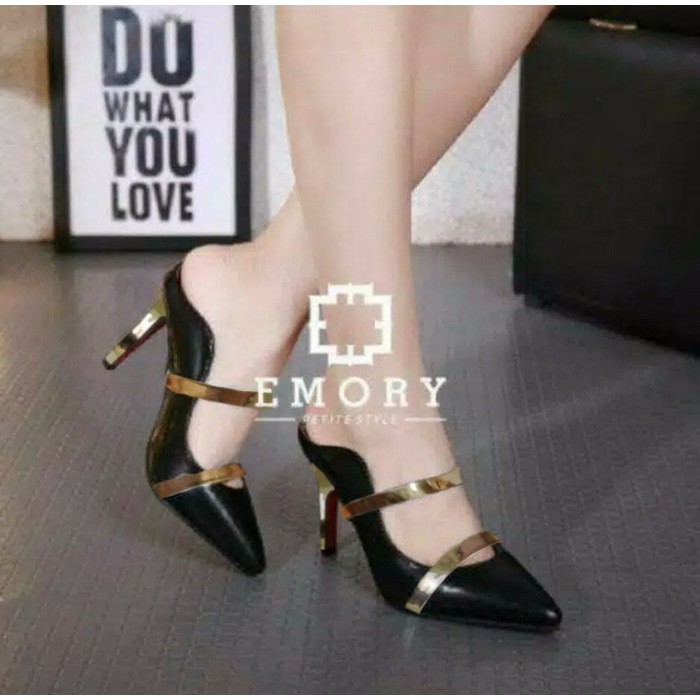 SANDAL HIGH HEELS EMORY HITAM CEWEK WANITA KOREA PESTA MOCA GOLD CASUAL MODIS MURAH