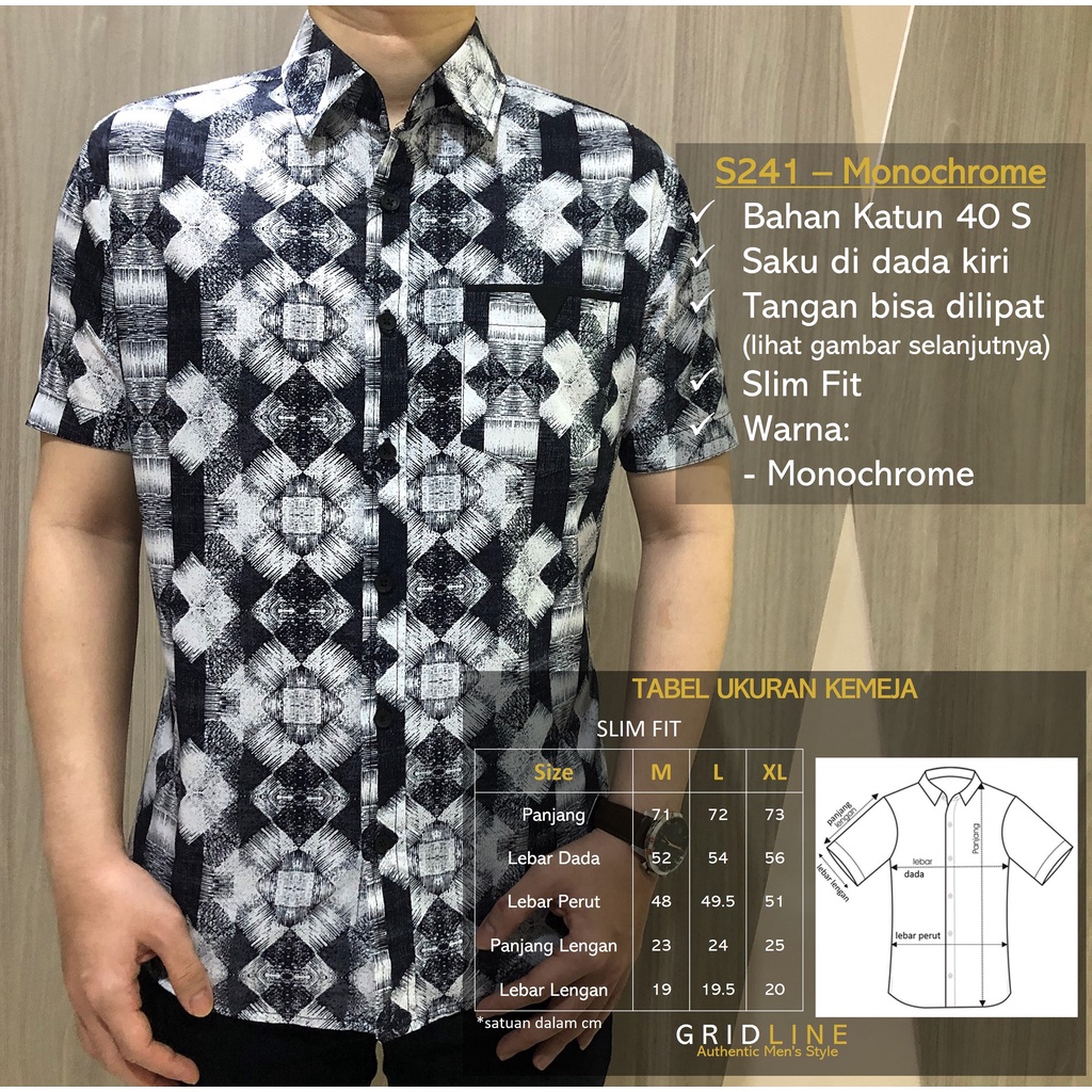 [GRIDLINE - S241 - Monochrome] Kemeja Pria Katun Lengan Pendek Slimfit Pastel M-XXL