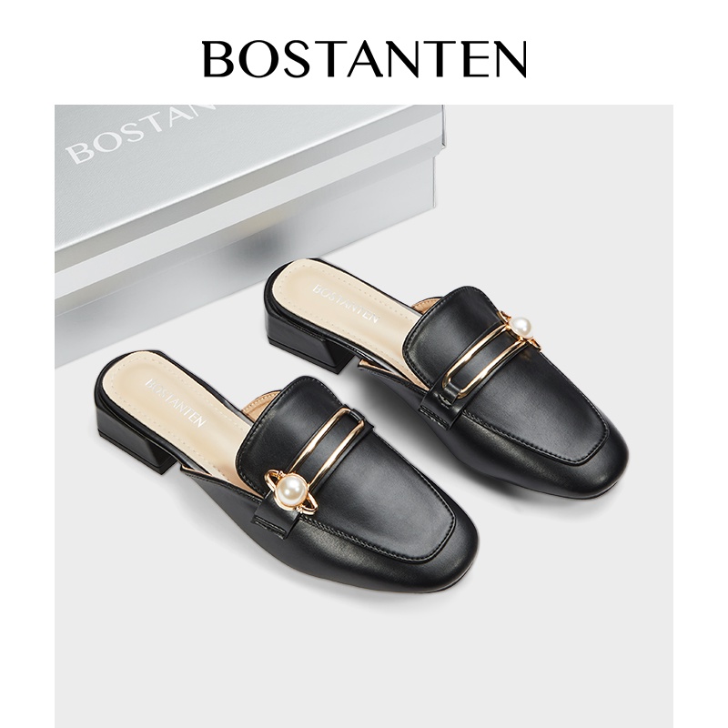 BOSTANTEN Sepatu Hak Tahu Sepatu Mules Flatshoes Heels Sepatu tunggal dengan tumit berat wanita, kepala persegi, sepatu mutiara kecil, sepatu rata