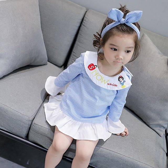 GA2622 PRINCESS APPLE BLUE MINI DRESS ANAK PEREMPUAN BIRU LUCU APEL IMPORT KOREA MURAH LEBARAN BAGUS