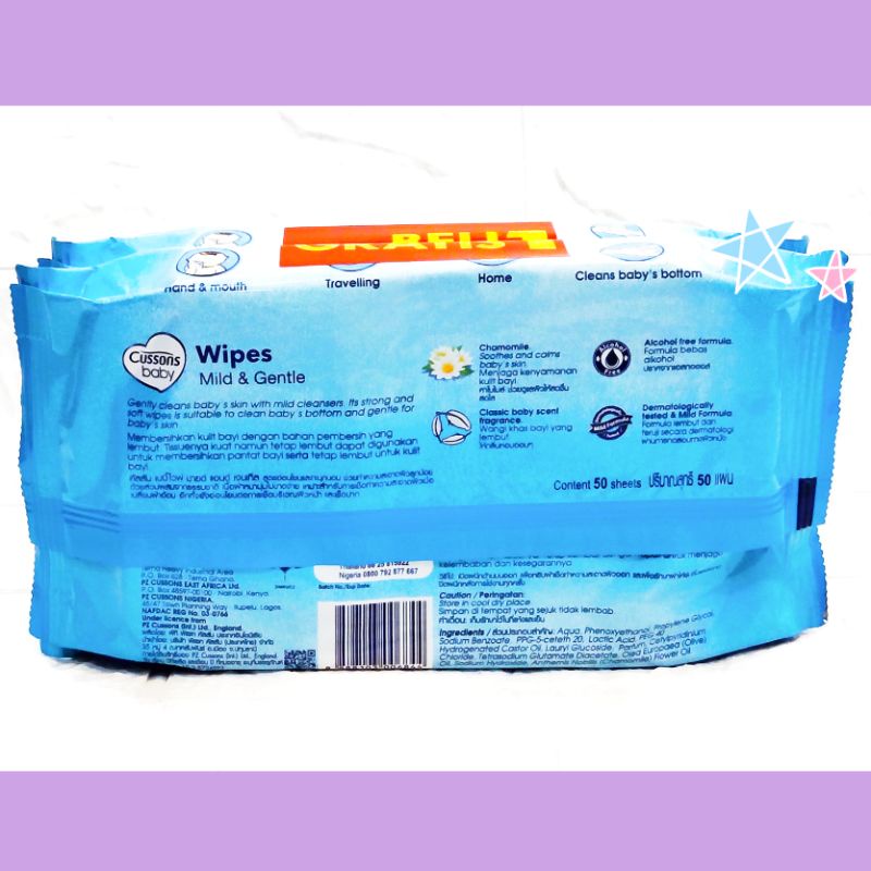 Cussons Baby wipes Biru, Mild &amp; Gentle, Chamomile 50 sheets