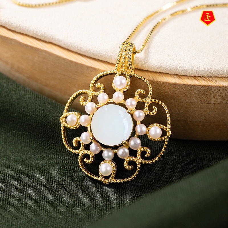 [Ready Stock]White Jade Pendant Retro Dignified Hollow Pattern Pearl Necklace