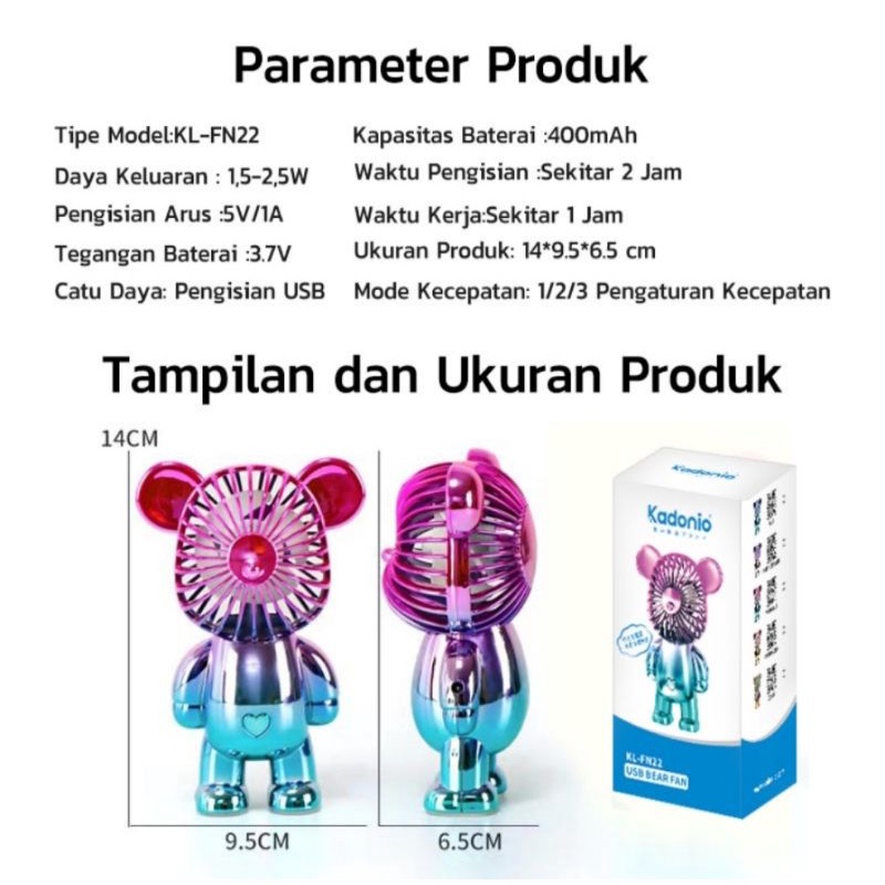 Kipas Angin Mini Portable Karakter Bearbrick Meja / USB Cas 3 Speed