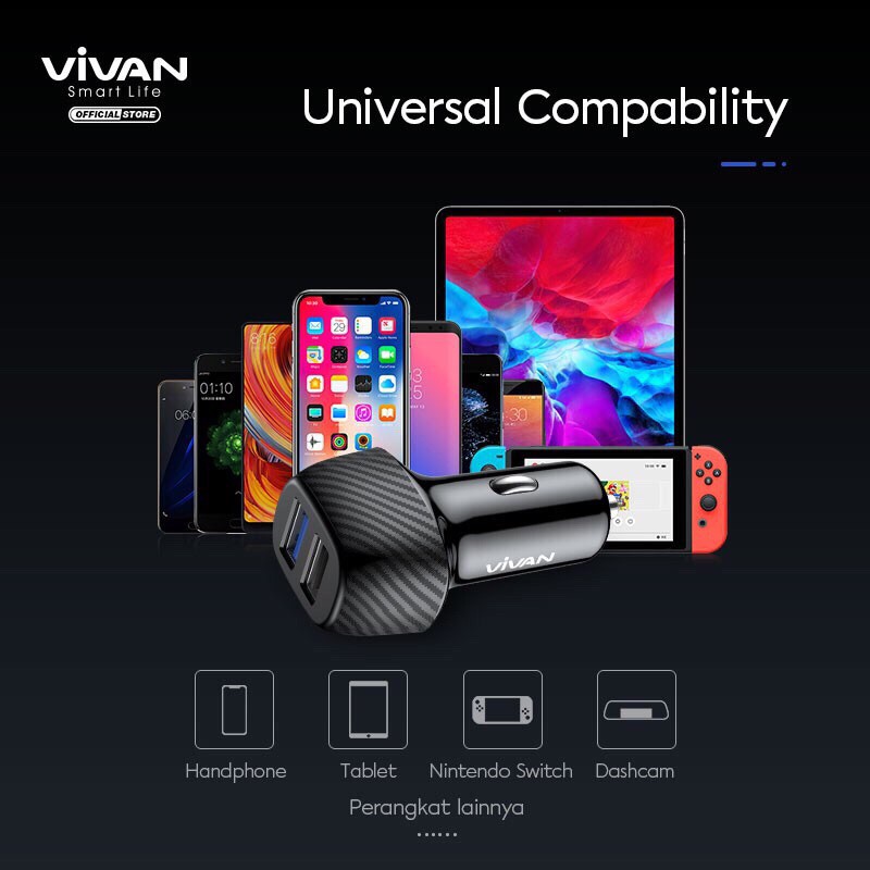 VIVAN CC02Q Car Charger Colokan Mobil 2 Ports USB-A 30W 3A QC3.0 Fast Charging Garansi 1 Tahun