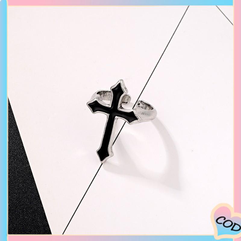 COD❤️ Retro Fashion Cross Cincin Pria Wanita Minyak Menetes Punk Jari Telunjuk Tren Cincin Hitam-A.one