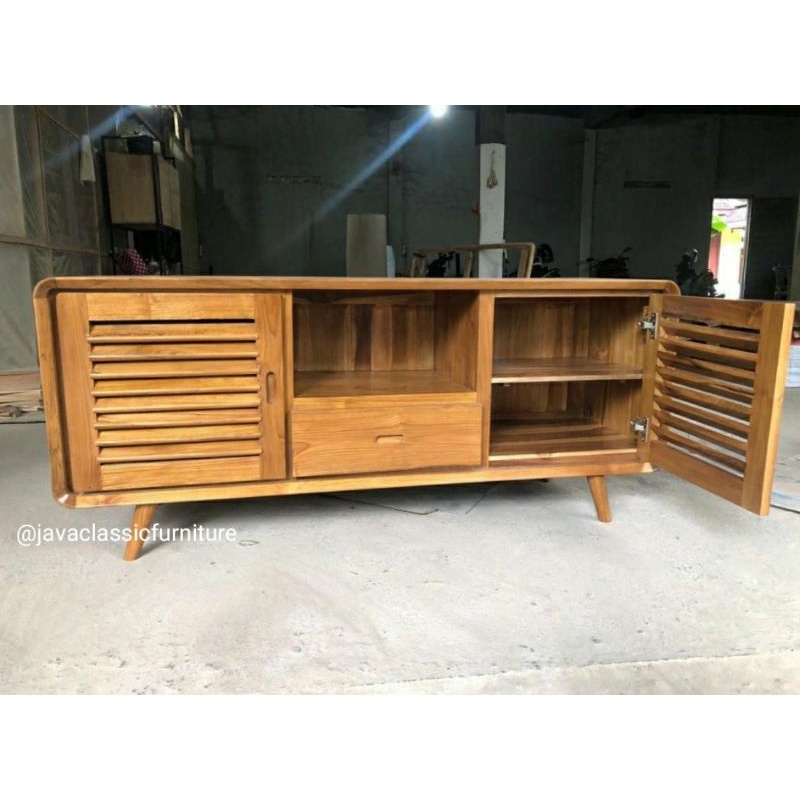 BUFET TV RETRO MEJA KONSUL MINIMALIS NAKAS PINTU 2 LACI BAHAN KAYU JATI FURNITURE MEUBEL JEPARA-1