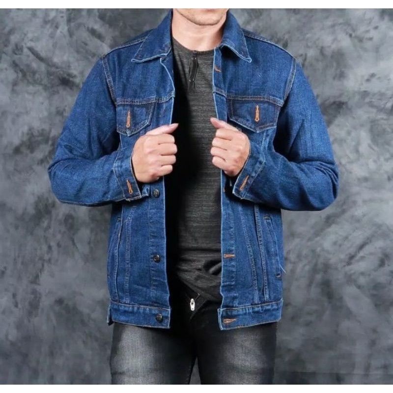Jaket Jeans Biowash Biru Tua Pria Premium / Jaket Jeans Wanita Oversize Biowash Premium