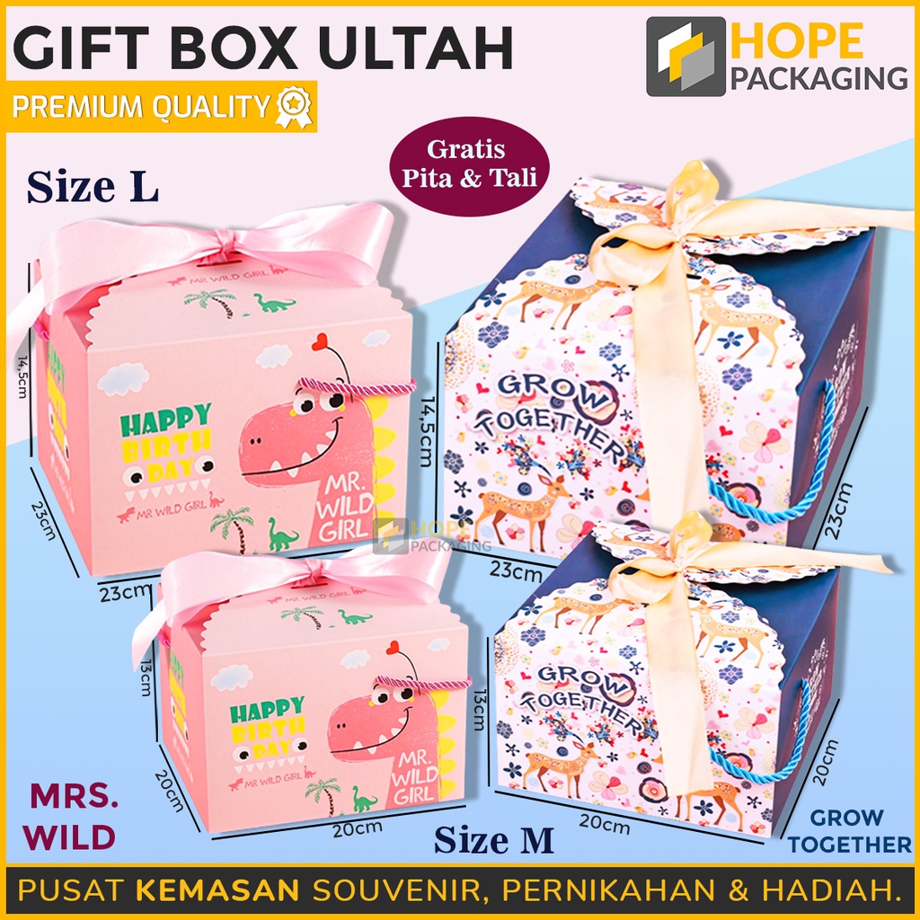 Gift box  Ulang Tahun Anak Motif Macan Dino Fancy bunga Navy / Hampers Happy birthday Plus Pita  Hadiah / Kotak pink navy hijau tosca