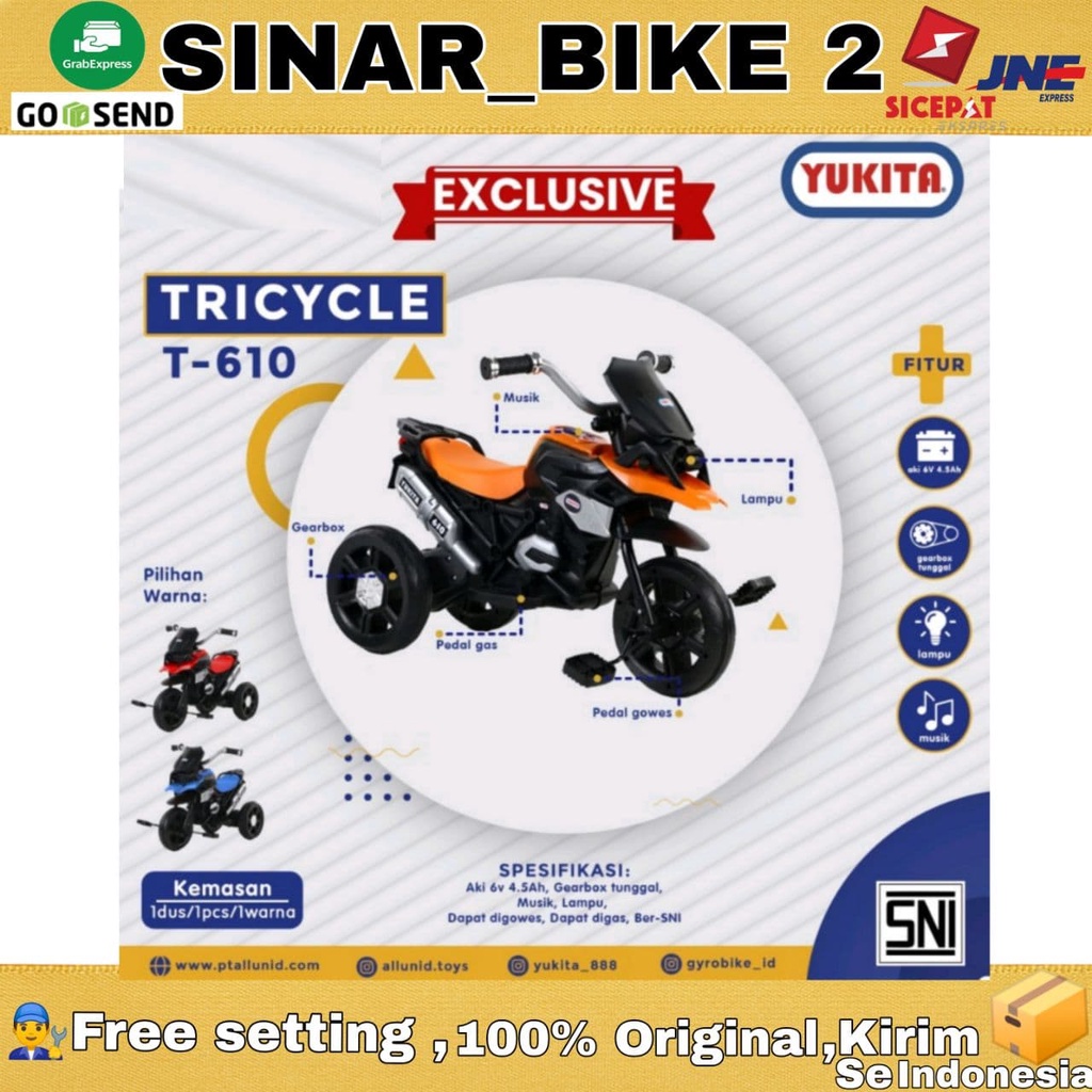 TRICYCLE ELECTRIC T610 YUKITA Motoran Aki Anak Roda Tiga Multifungsi