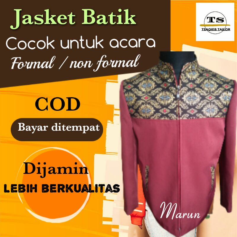 Jasket Formal Pria Cowok Kombinasi Batik Kerah Koko Jaket Semi Jas Merah Marun