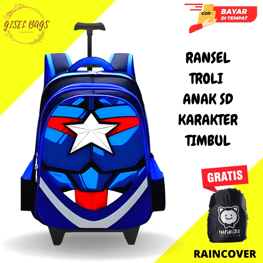 GB-Tas ransel troli anak laki laki tas ransel troli karakter superhero timbul tas ransel troli anak import