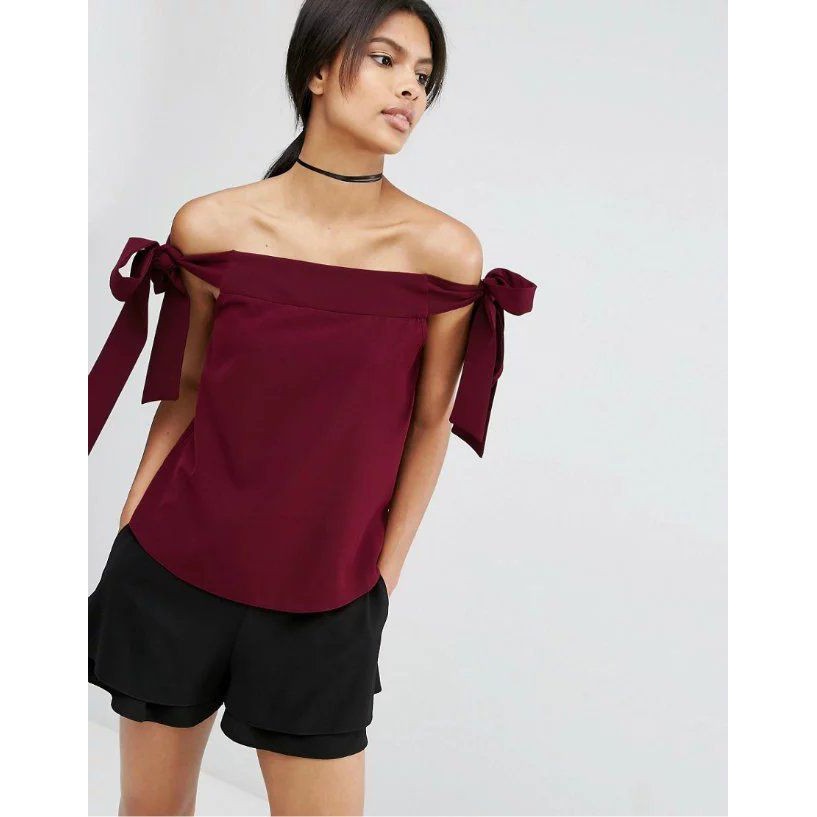 Sabrina Blouse Tanpa Lengan Import - 43357 Red Side Bow Off shoulder Top