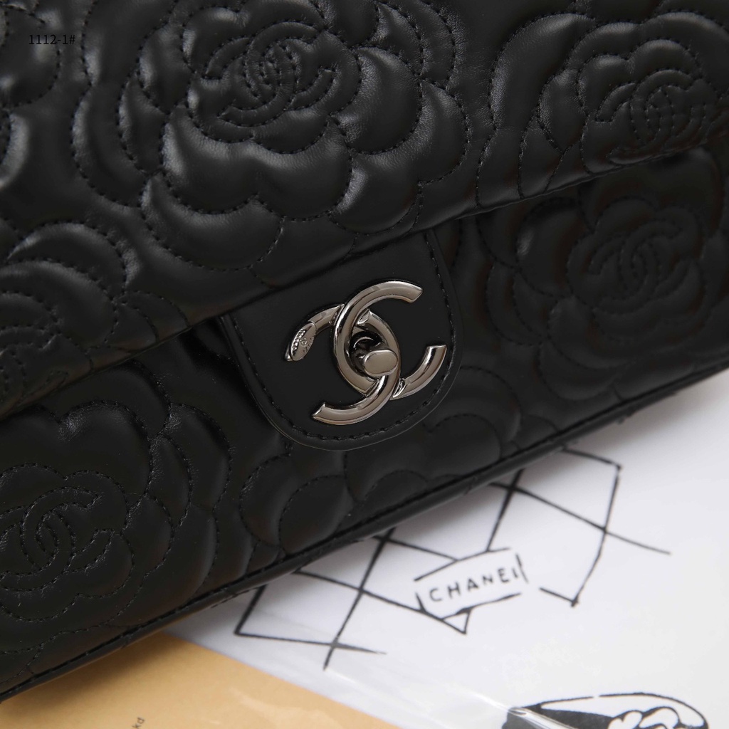 Ch Black Camellia-1112-1 Embossed Lambskin Classic Medium Double Flap Bag in Black-Silver