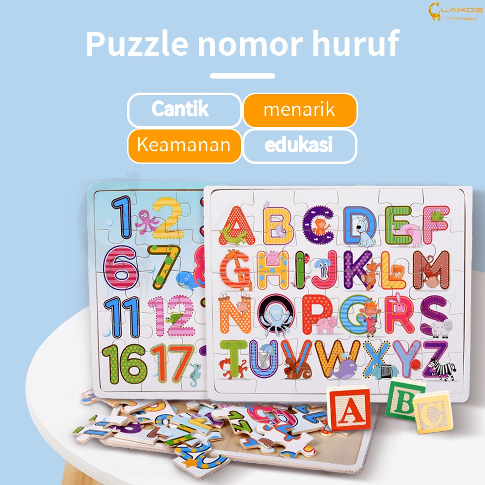 Lakoe Mainan Edukasi Anak Puzzle kayu gambar huruf dan nomor