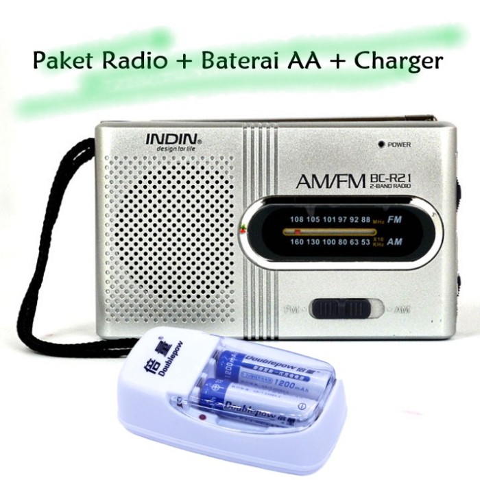 Paket Radio AM/FM Portable + 2 Baterai AA + Charger