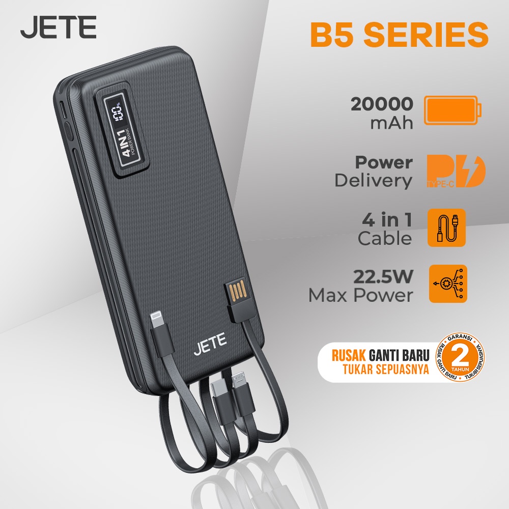 Power Bank 20000 MaH Powerbank with Built In Cable 22,5W JETE B5 - Garansi 2 Tahun