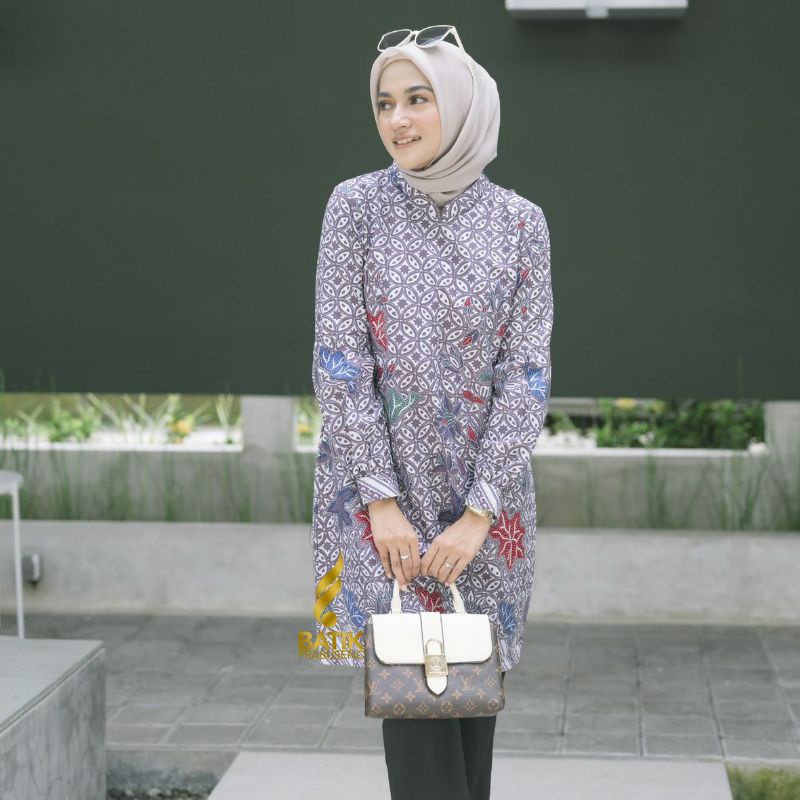 TUNIK BATIK WANITA MOTIF KAWUNG UNGU BATIK WANITA MODERN BAYIK NGANTOR BAJU KONDANGAN SERAGAM BATIK 