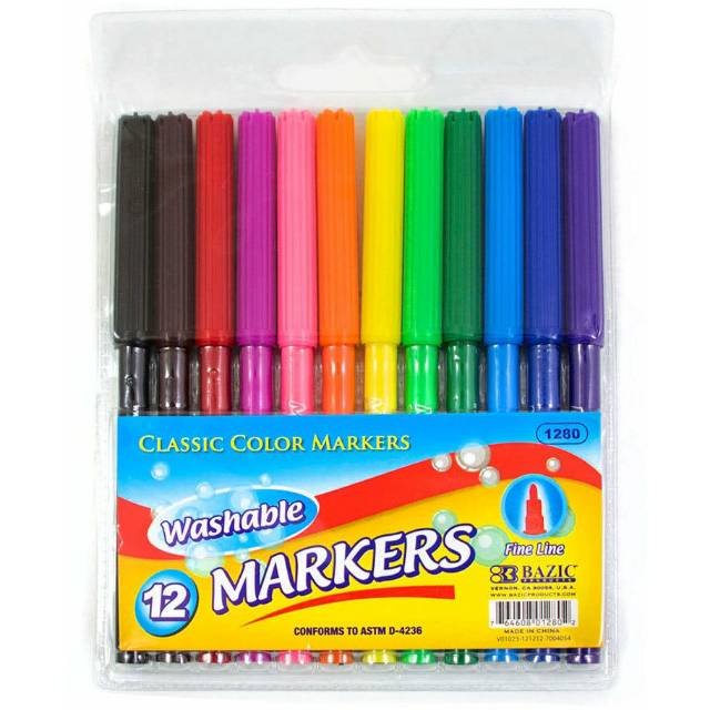 

Bazic 12 Classic Colors Fine Line Washable Markers Spidol Warna 1280