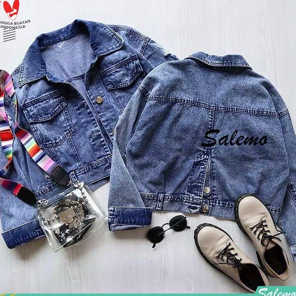 Jaket Levis Wanita Terbaru Crop - Jaket Jeans -Model Kancing Belakang - Biru, S