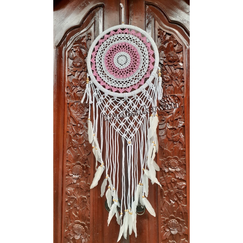 Dream catcher sulam jaring diameter 27cm panjang 90cm dekorasi hiasan rumah bulu ayam