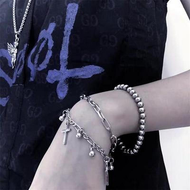 Korean Fashion Cross Round Bead Multilayer  Silver Bracelet Creative Couple Bracelets Jewelry Accessories