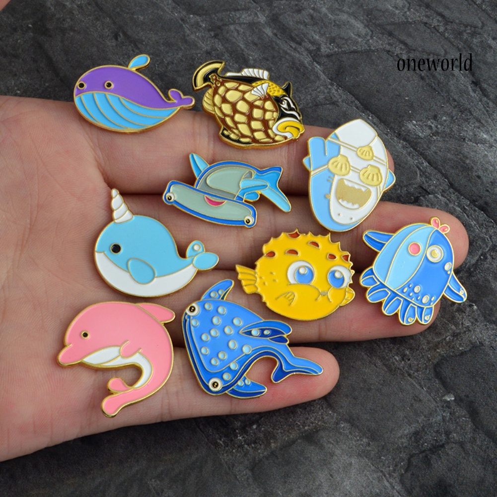 OW@ Cute Cartoon Dolphin Shark Whale Fish Enamel Brooch Pin Badge Collar Coat Decor