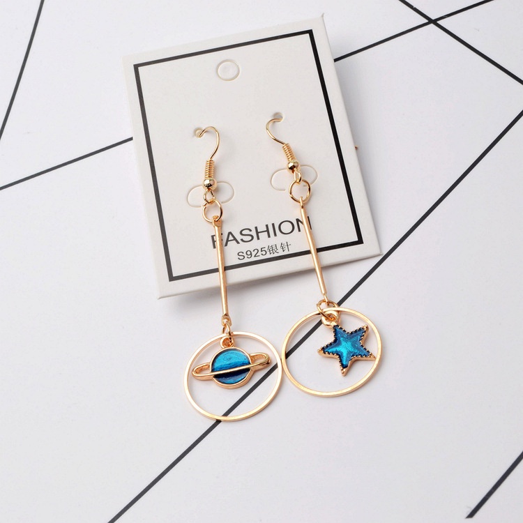 Planet anting-anting perempuan Korea hipster biru Saturnus asimetris bintang anting-anting