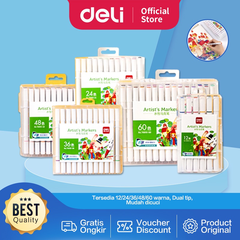 

Deli Watercolor Marker / Spidol 12/24/36/48/60 Ujung Tip Ganda Mudah Dicuci 70810