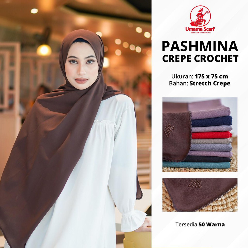 HIJAB PASHMINA CROCHET PICOT ORI BY UMAMA CREPE DIAMOND FINISHING RAJUT RENDA PASHMINA +- 175 X 70