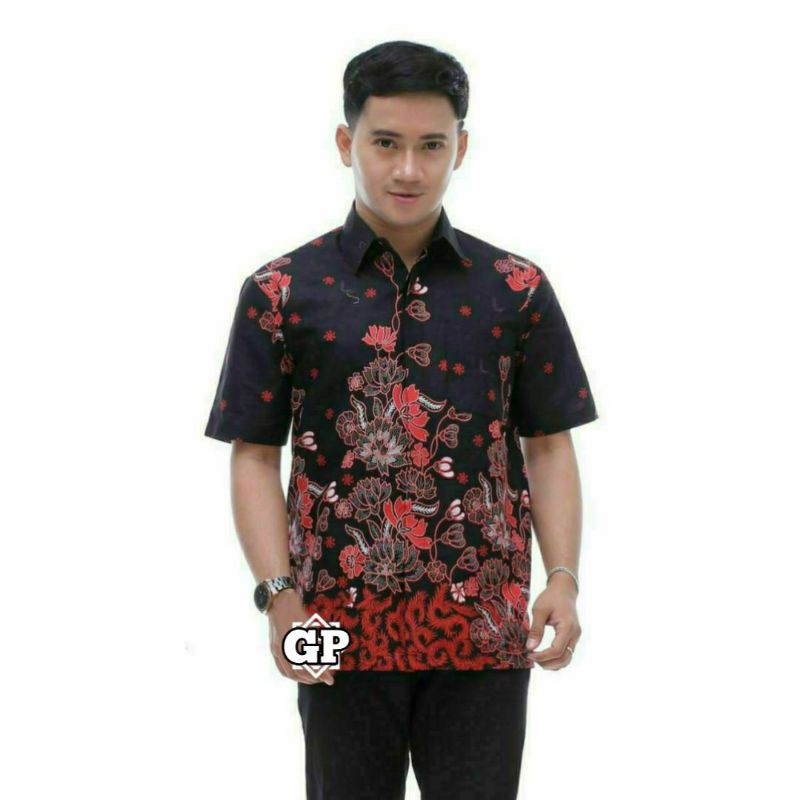 ATASAN BAJU BATIK PRIA COWOK WARNA HITAM KOMBINASI MERAH LENGAN PENDEK MOTIF BUNGA M L XL
