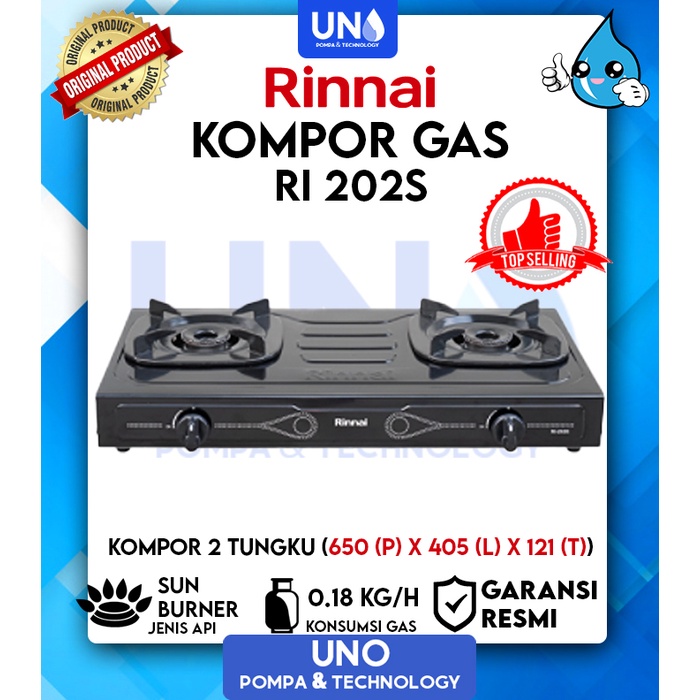 Rinnai Kompor Gas 2 Tungku Sun Burner Teflon ORIGINAL RI-202 S / RI 202 S / RI202S