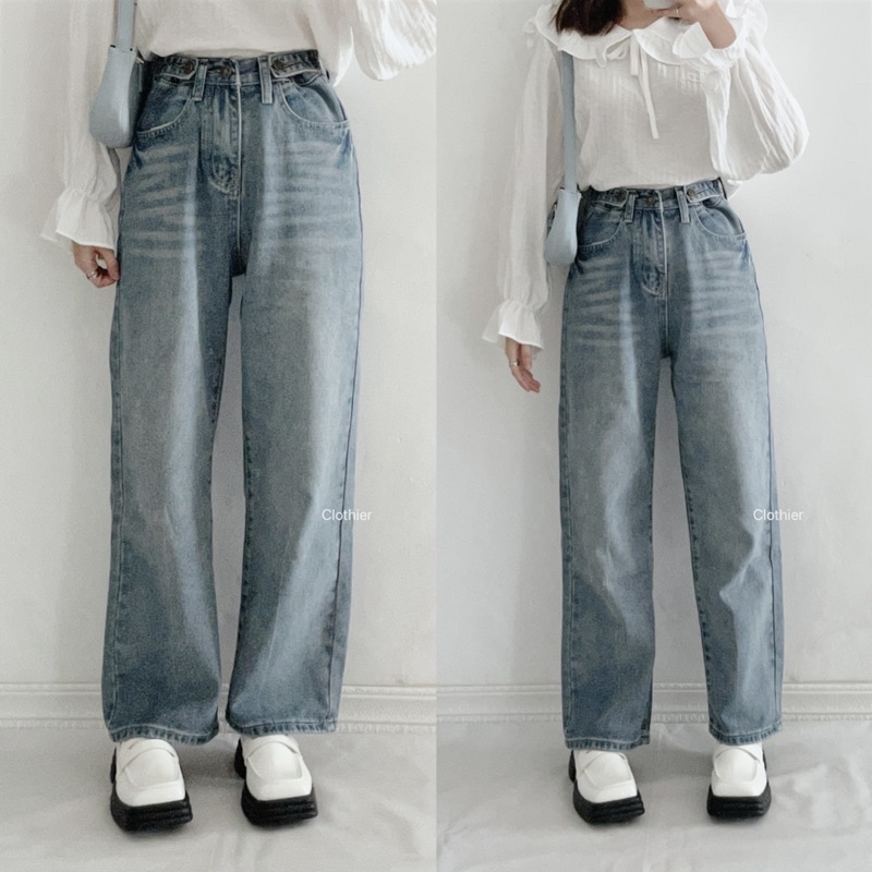 CLOTHIER - Hazel Adjustable Jeans | Baggy Vintage Light Blue Wide Leg Jeans