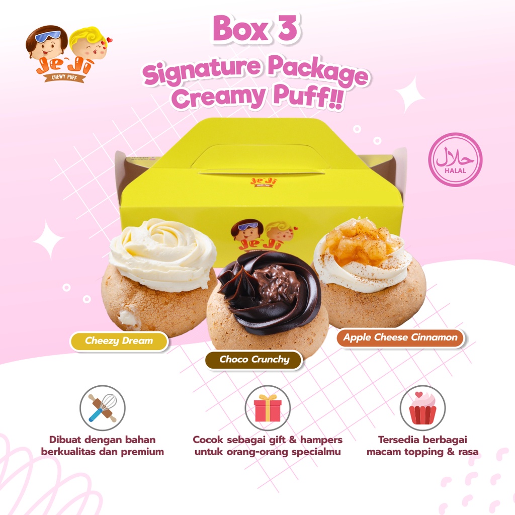 

Box isi 3 Signature Package ( Cheese Dream, Choco Crunchy, Apple Cheese Cinnamon)