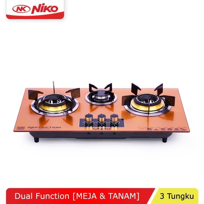 Kompor Gas Tanam Kaca 3 tungku Reflection 3.0 GOLD / kompor tanam / kompor meja / kompor rumah