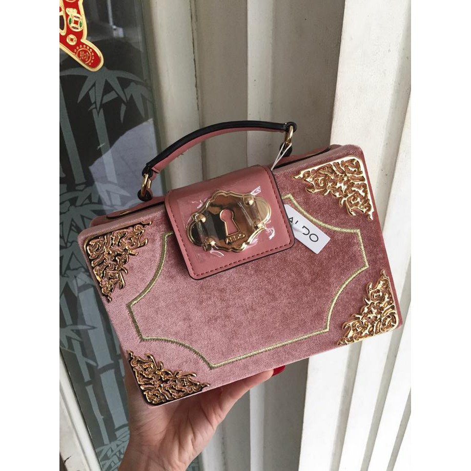 Gratis Ongkir Tas Pesta Aldo Blush Pink Velvet Boxy Shoulder Party Bag Grde Original