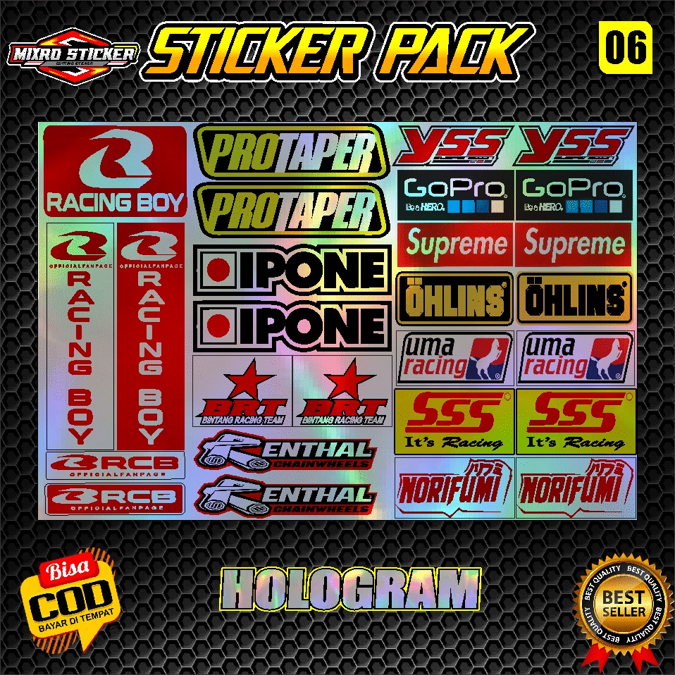 STICKER Pack Hologram Aksesoris Stiker Racing Motor,Helm, Plus Laminasi Anti Gores Pudar YSS MIXRO- 