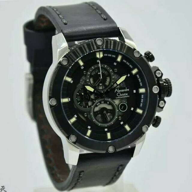 ORIGINAL GARANSI RESMI | JAM TANGAN PRIA ALEXANDRE CHRISTIE SILVER BLACK KULIT AC 6416 COWOK HITAM