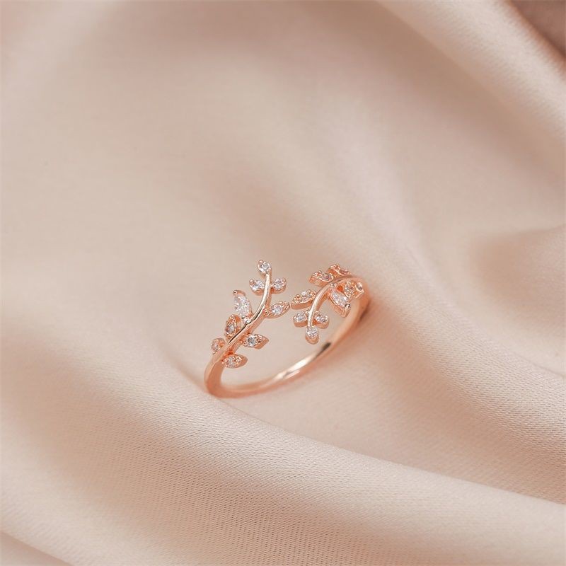 Cincin Korean Fashion Tail Ring Zircon Leaves Open Ring 925 Silver Adjustable Ring