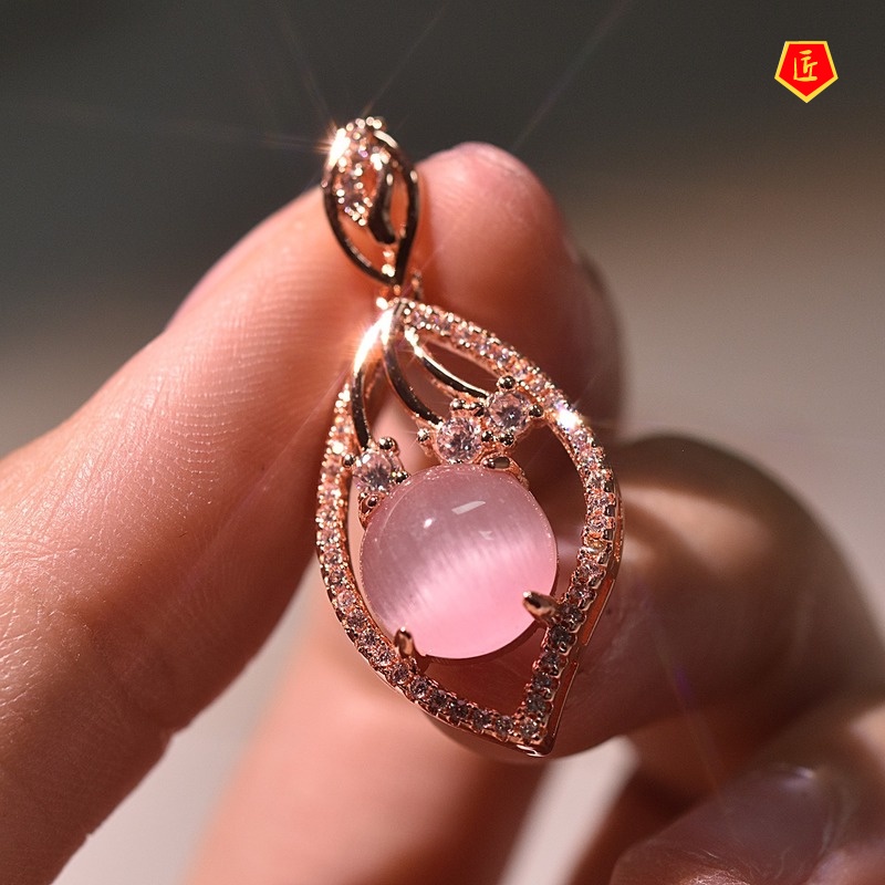 [Ready Stock]Pink Crystal Ross Quartz Full Diamond Pendant Korean Style Simple 18K Rose Gold