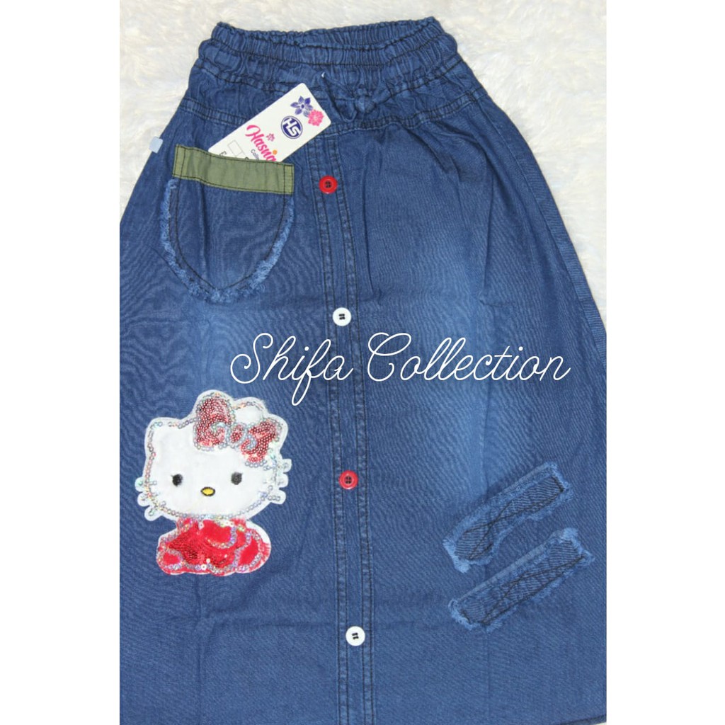 Rok Jeans / Rok Panjang Anak Perempuan / Motif Karekter Boneka Bulu / Bahan Jeans Bratatex 6,5 Ons / Ukuran 4 5 6 / M L XL dan Anak Tanggung (4-13 tahun)