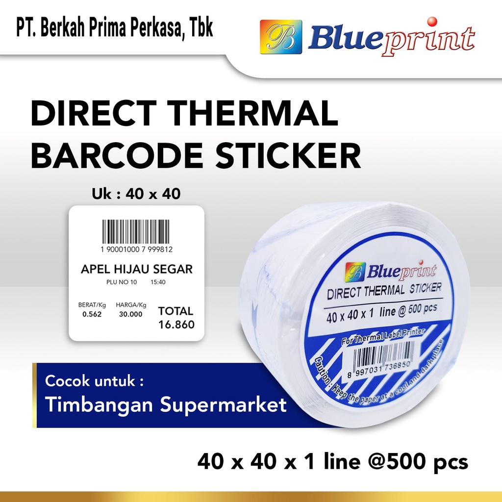 

Direct Thermal Sticker 40 x 40 BLUEPRINT Label Stiker Buah 40x40 mm Isi 500 - 1 Roll