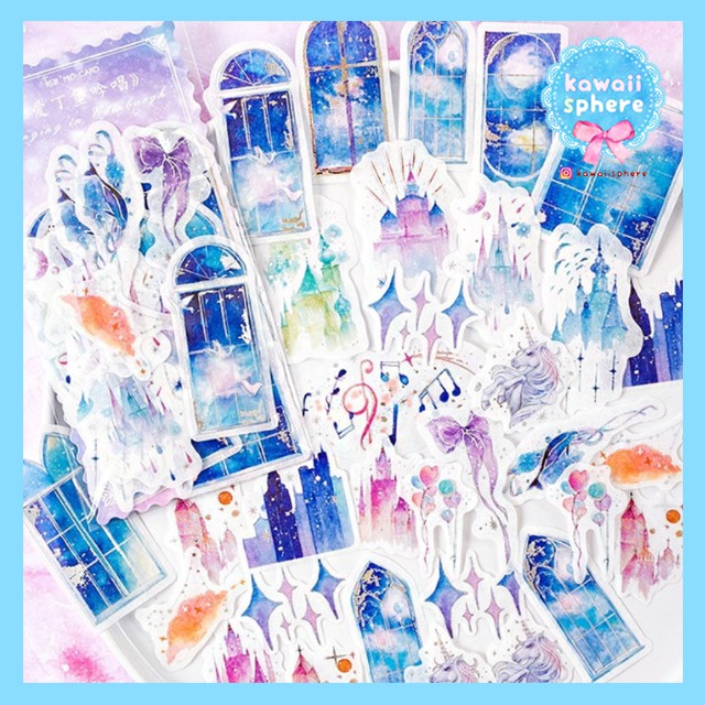 

Flake Stickers Washi - Castles and Windows | Stiker Gold Foiled Motif Jendela Kastil Pastel