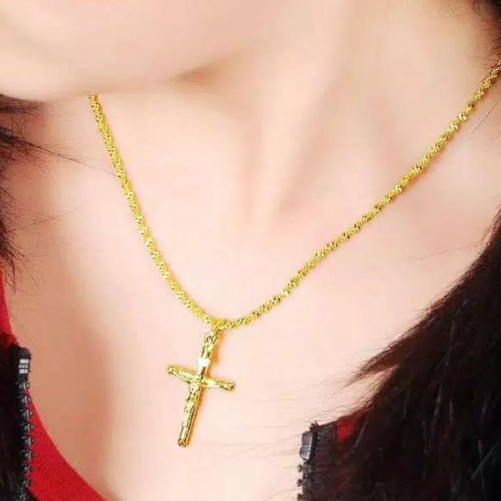 • Kalung Titanium Pria Wanita / Rantai Ulir Emas Liontin Salib Jesus Bahan Titanium Asli Tidak Luntu